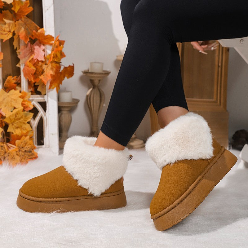 Bottes de neige d'hiver en peluche pour femmes, chaussures plates à bout rond, en daim et coton épais, décontractées et chaudes