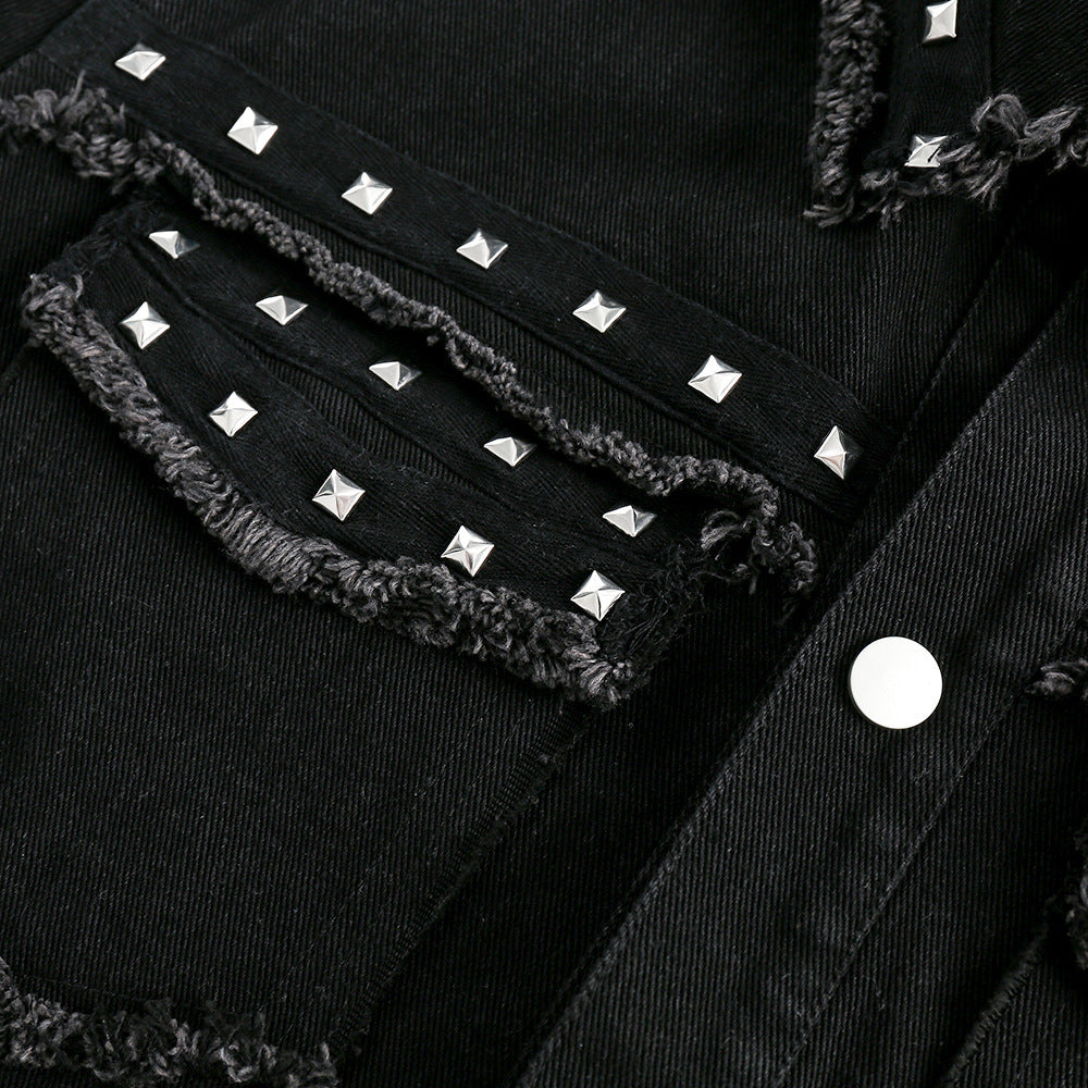 High Street Fashion Brand Hip Hop Rock Rivet Decorative Denim Jacket