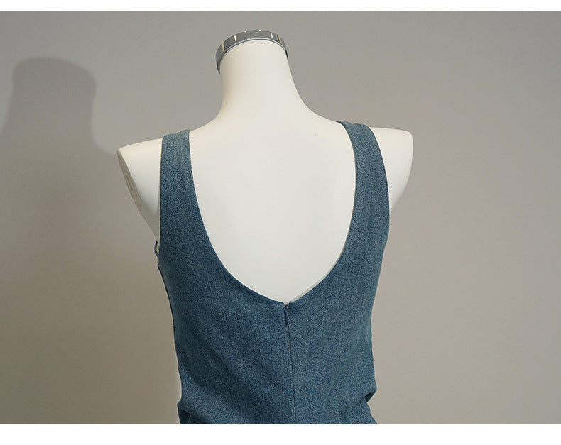 Robe à bretelles en jean, jupe longue rétractable à la taille fendue