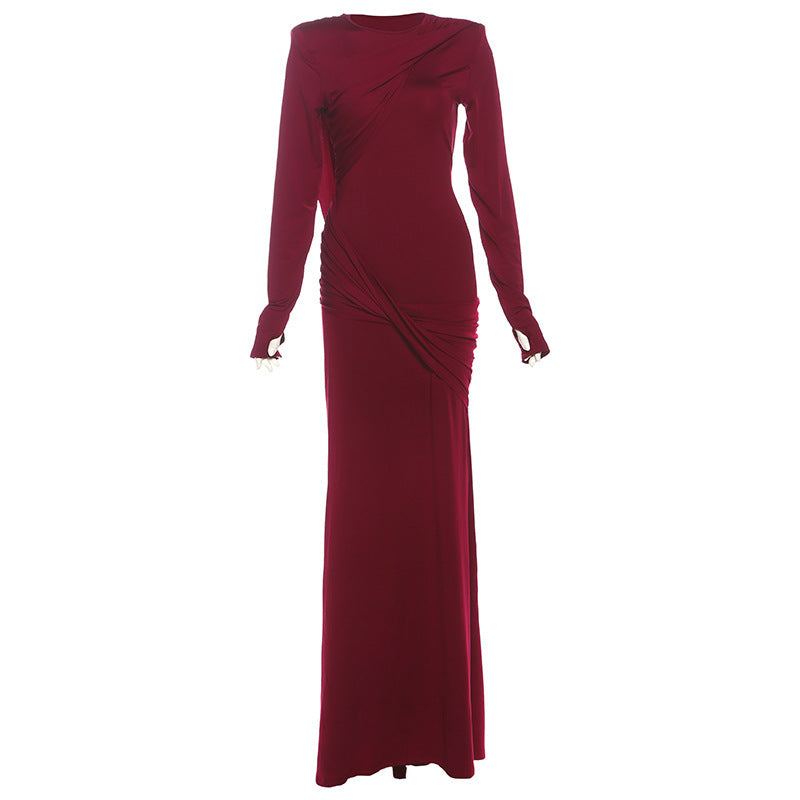 Polyester Slim Fit Backless Long Sleeve Solid Color Dress
