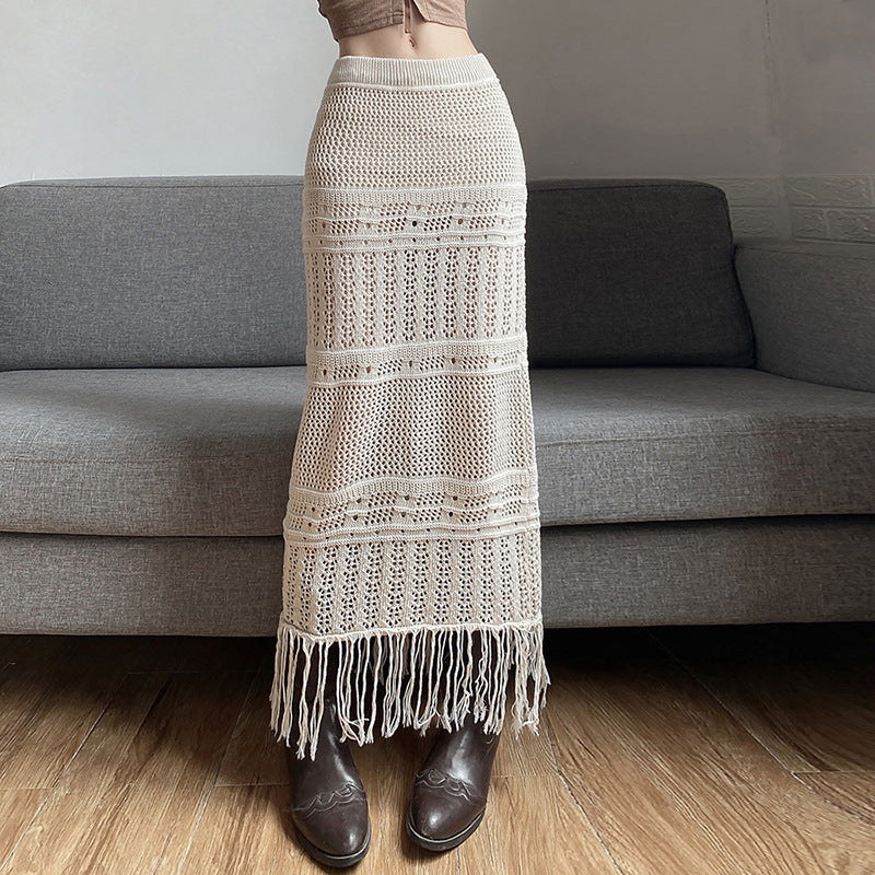 Solid Color Slim High Waist Fashion Casual Fringe Side Half Skirt
