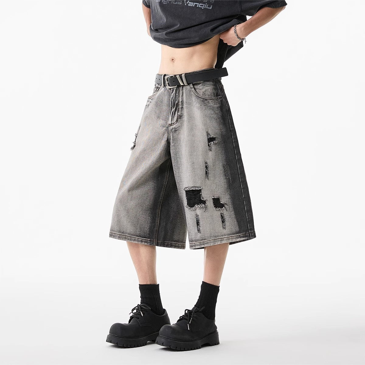 High Street Water Washed Hole Denim Shorts