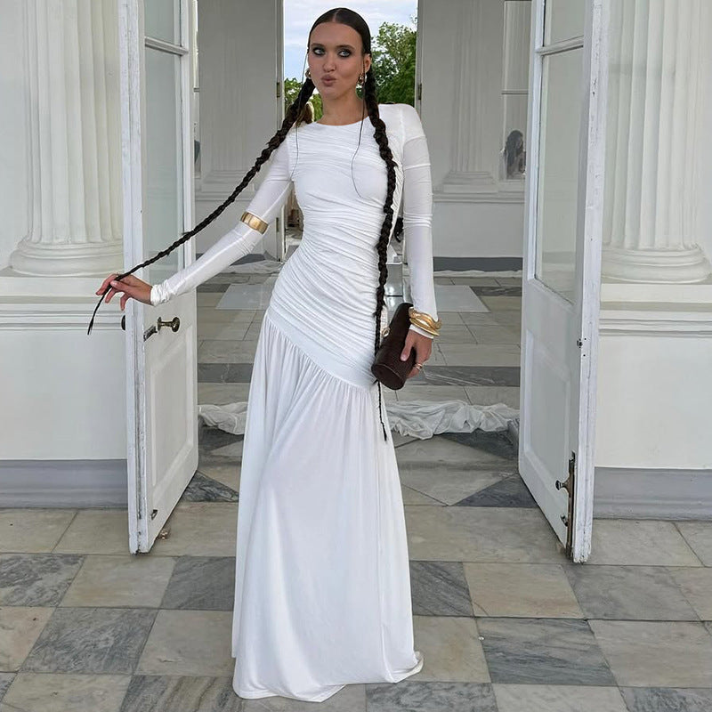 Solid Color Fashion Slim-fit Pleated Round-neck Long-sleeved Dress