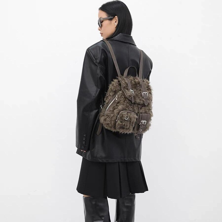 Sac à dos rétro en peluche de grande capacité