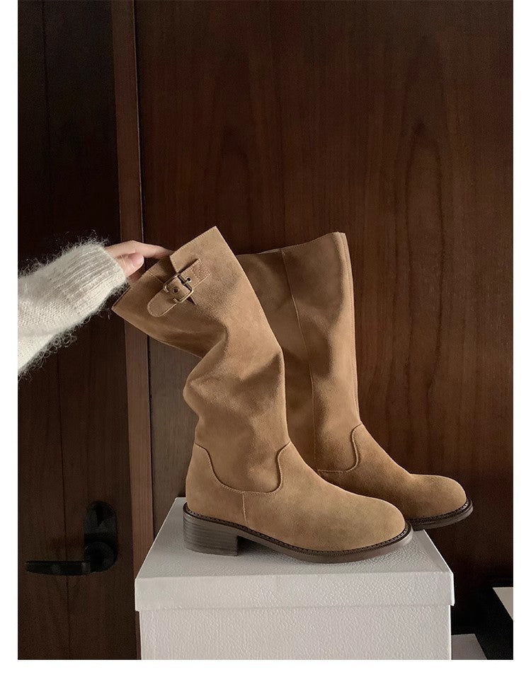 Bottes Maillard en cuir de vache à bout rond et boucle à talon épais sous le genou