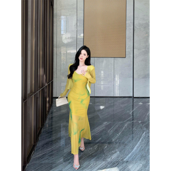 Robe fourreau rétro tie-dye pour femme, fendue et à bretelles