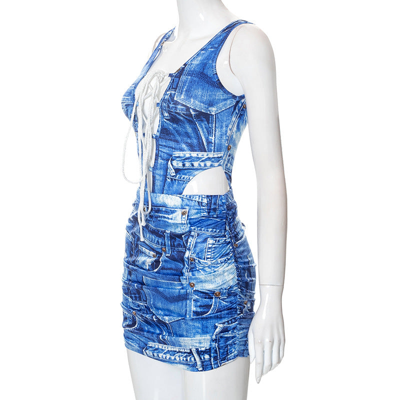 Abito da donna alla moda in denim stampato con lacci, autunno