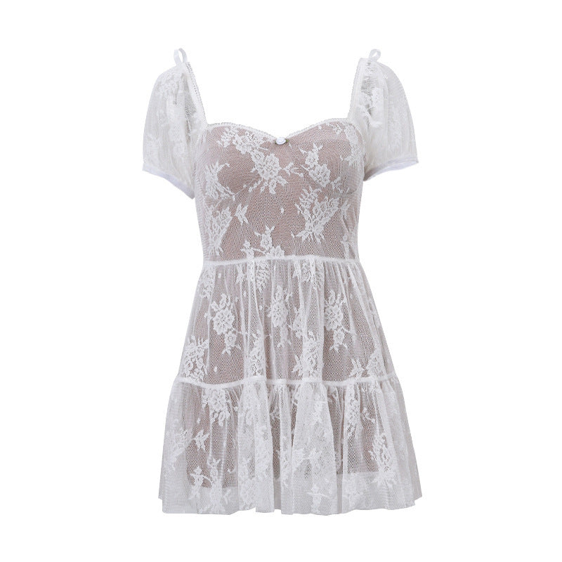 Mesh Cinched Puff Sleeve Short Sleeve Dress