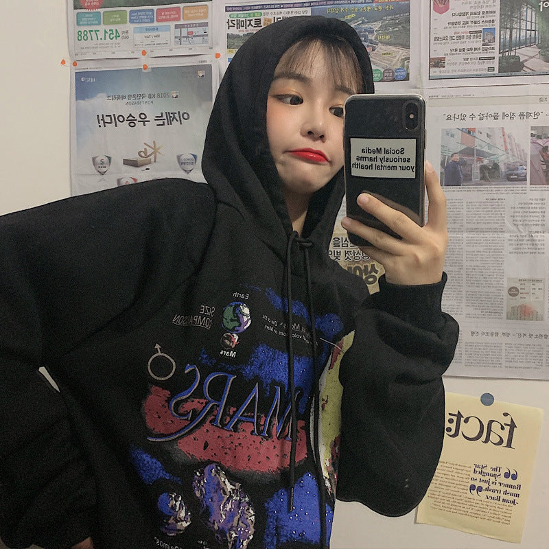 Harajuku Style Loose Print Hooded Thick Coat