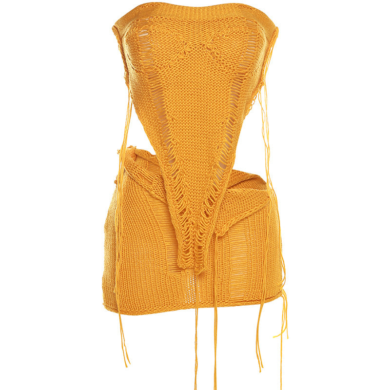 Women's New Knitted Bra Top High Waist Wrap Hip Short Skirt Set