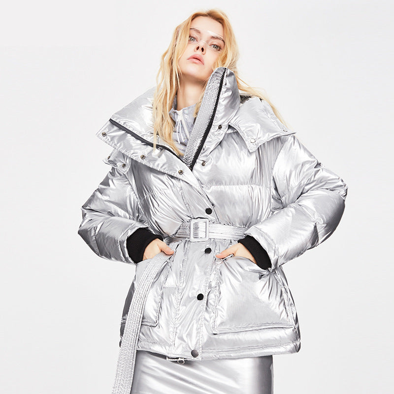 Veste d'hiver épaisse mi-longue en duvet de canard blanc pour femme, avec ceinture fine, parka argentée brillante
