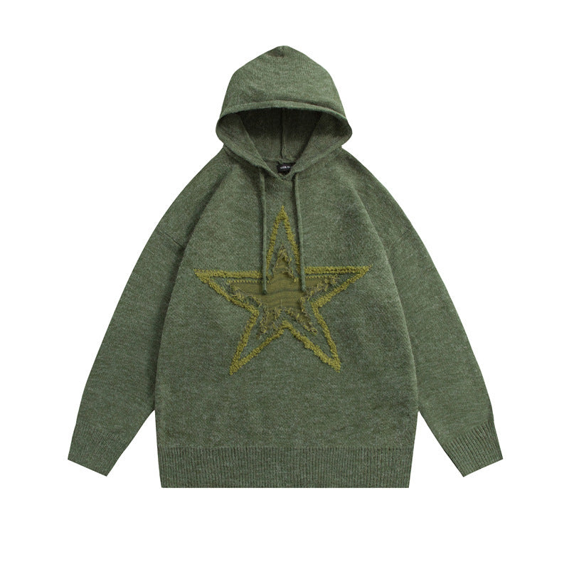Hooded Knit Sweater Five Pointed Star Jacquard