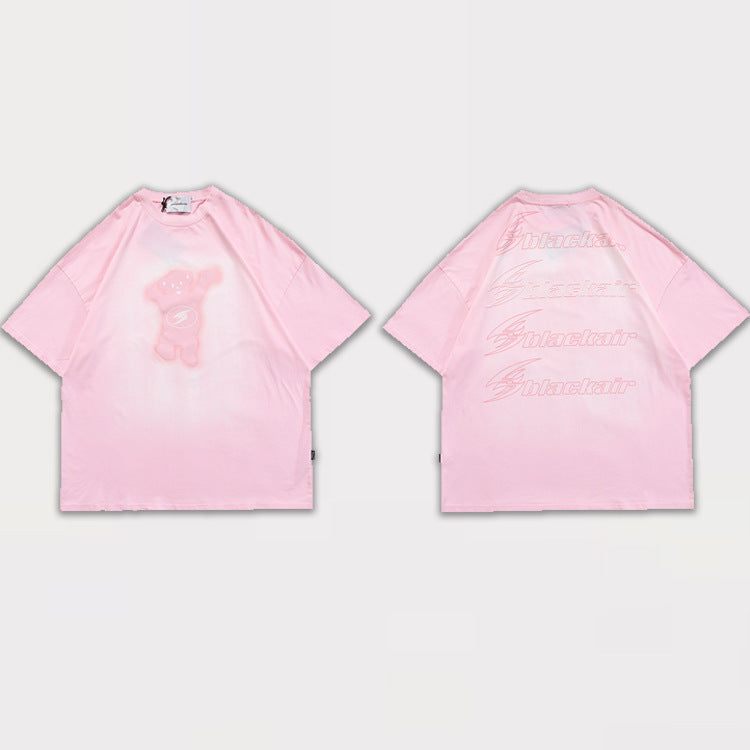 T-shirt à manches courtes pour homme, imprimé rétro, style streetwear, printemps et été, motif ours américain