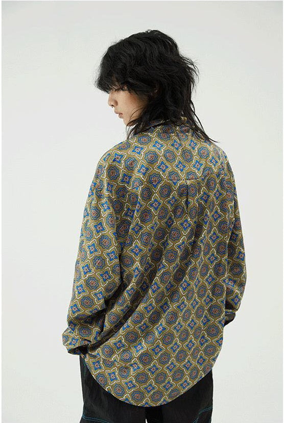 Epic Poetry Japanese Dark Green Mexico Full-Width Print Thin Loose Cuban Collar Long-Sleeved Shirt