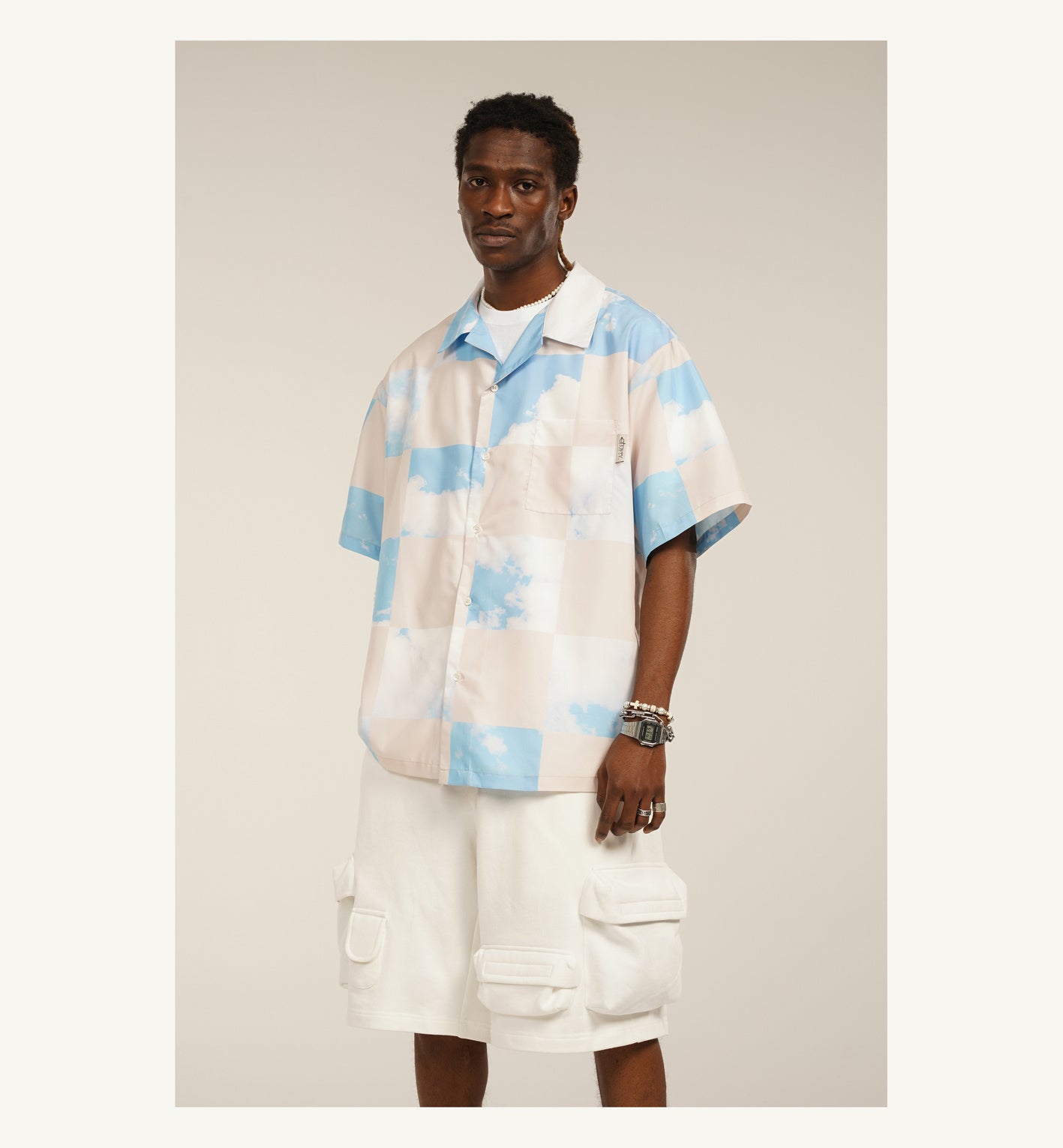 Camicia casual ampia da uomo a maniche corte con stampa a quadri blu a scacchi