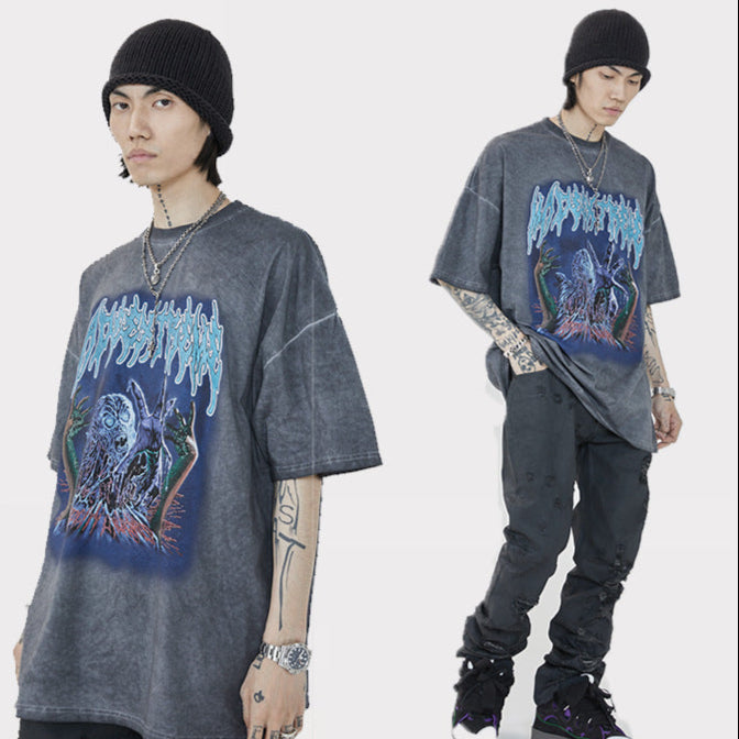 Spring Summer New Products National Tide Men'S Washed Rock Print Loose Short Sleeve T Shirt