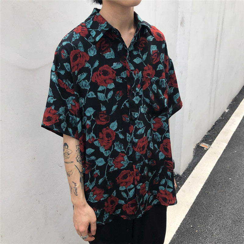Chemise à manches courtes rétro, chemise ample décontractée à fleurs