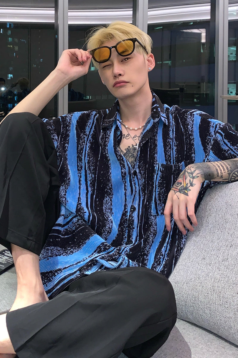 Chemise drapée ondulée, teinture tie-dye, coupe-vent, manches courtes, pour homme