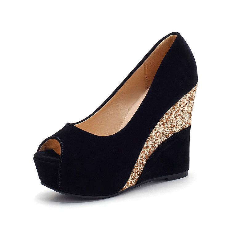 Escarpins à semelle compensée de Style printemps, chaussures quotidiennes à la mode pour dames, chaussures à bout ouvert en daim de couleurs mélangées, chaussures de fête à talons hauts