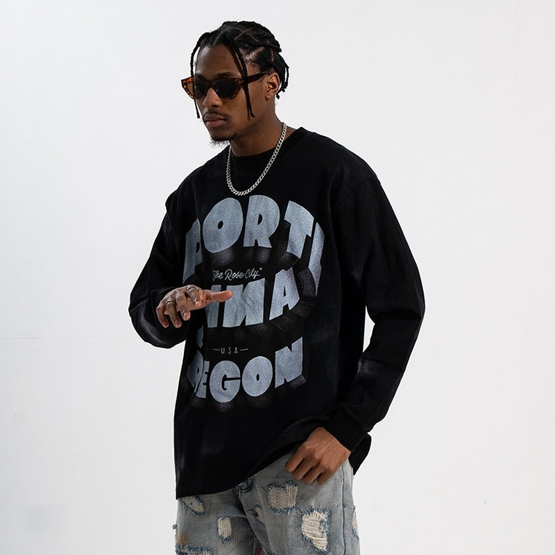 T-shirt à manches longues pour homme, style rétro, ample, effet vieilli, avec blocs de peinture