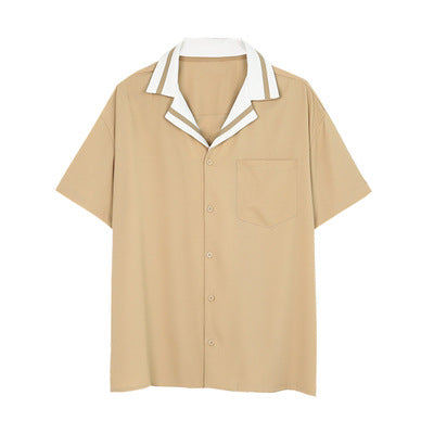 Striped Lapel Short Sleeve Shirt Men's Loose