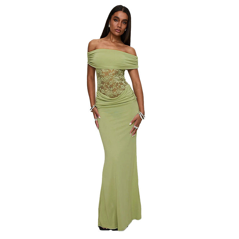 Robe extra longue en dentelle à épaules dénudées de couleur unie