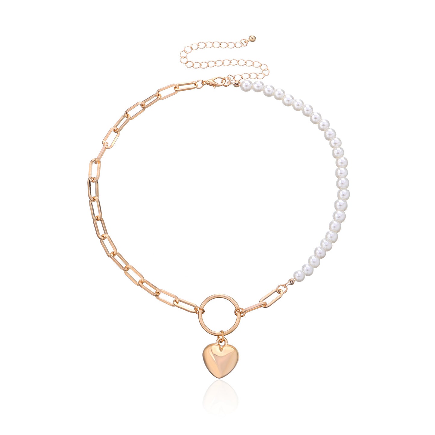 Collier avec pendentif en forme de cœur pêche et anneau géométrique en perles