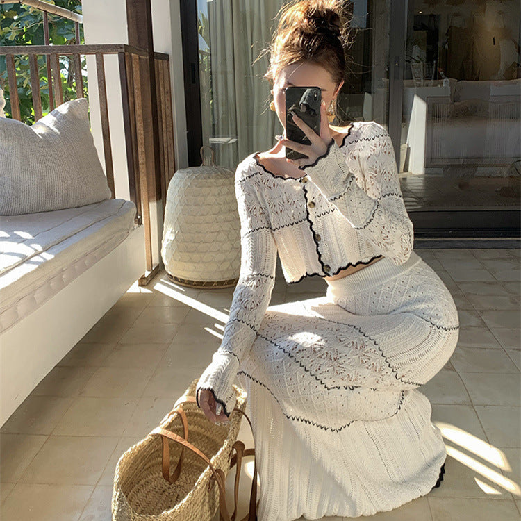 Openwork Knitted Top Skirt Two-piece Set