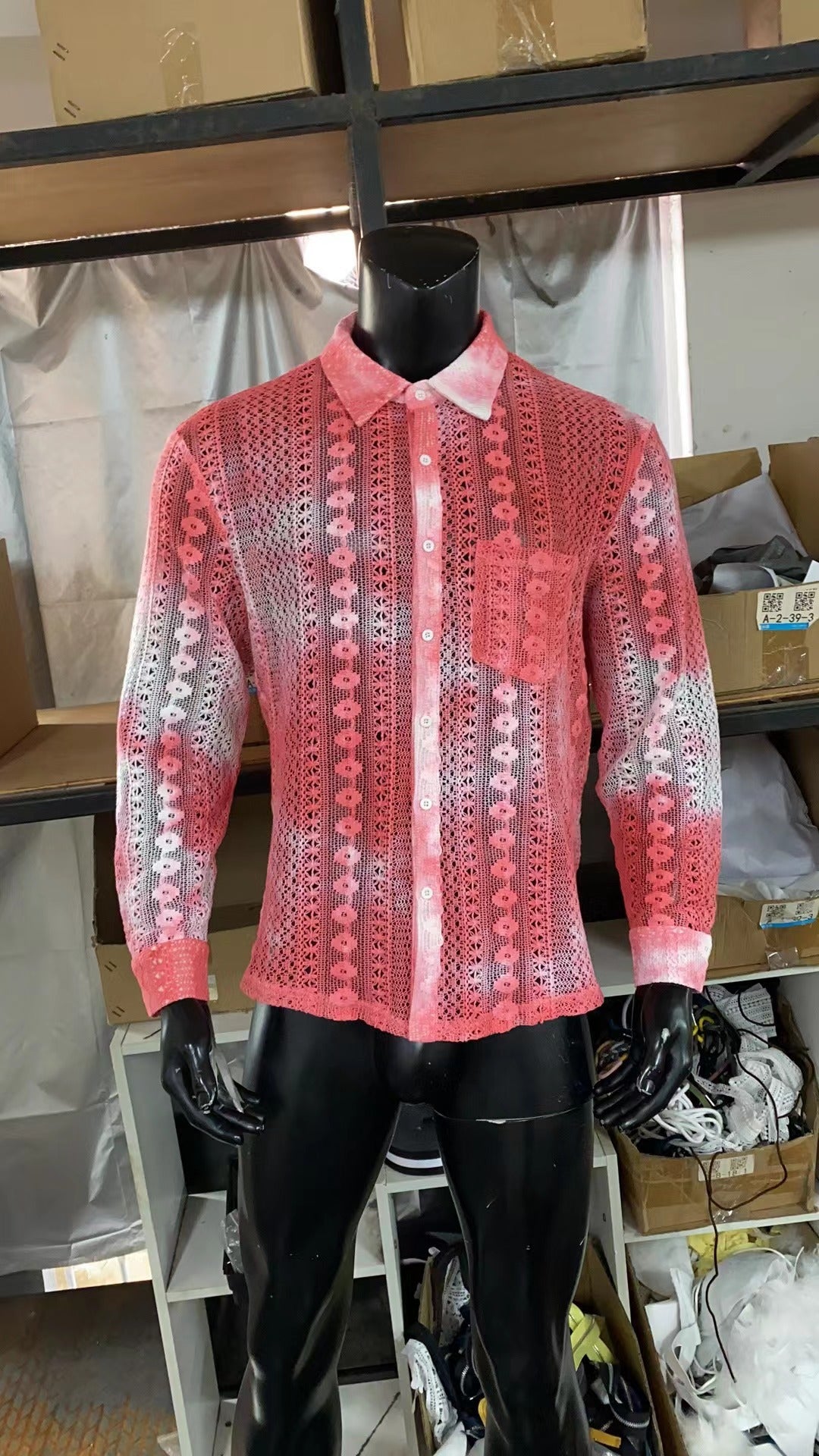 Men's Fashion Casual Draping Hollow Lace Shirt Top