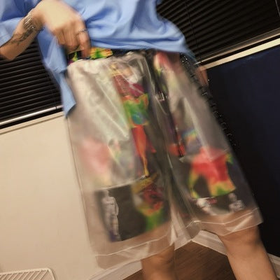 stitching transparent fake two shorts hip hop handsome wide leg five pants