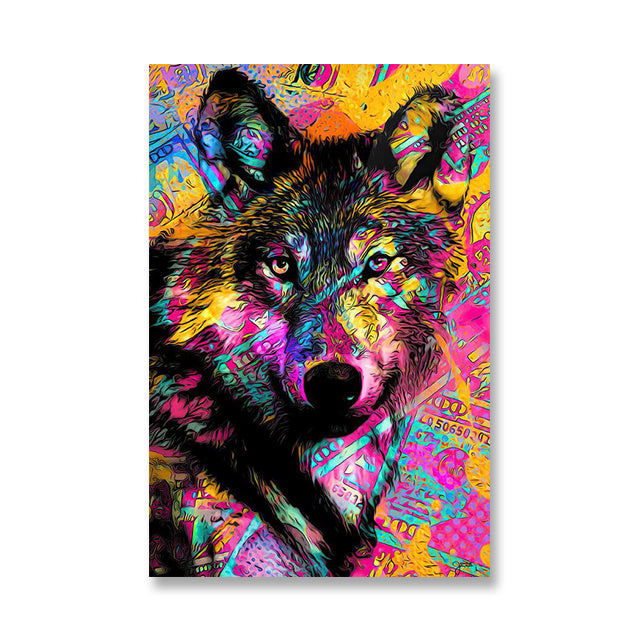 Dipinto su tela con leone colorato in stile graffiti per soggiorno