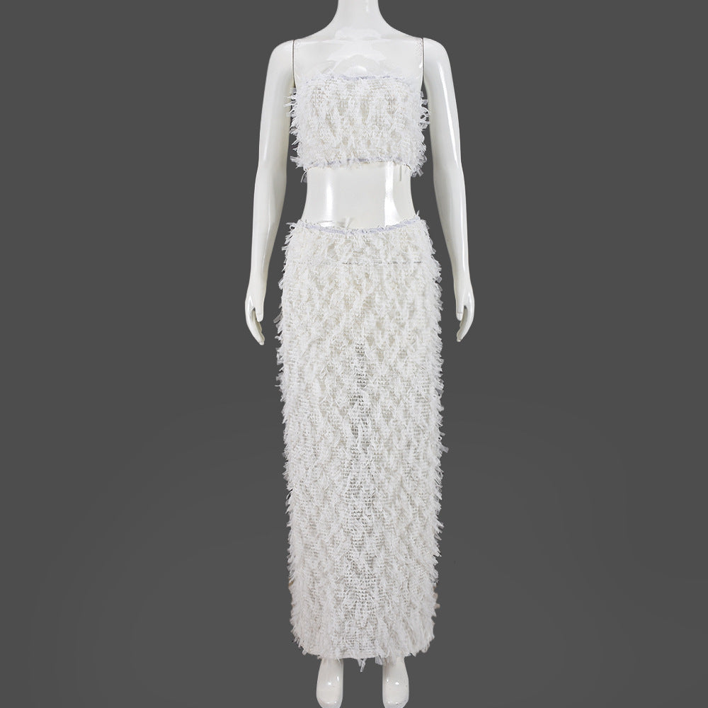 Ensemble jupe-robe transparent européen et américain en maille dos nu avec enveloppement de poitrine