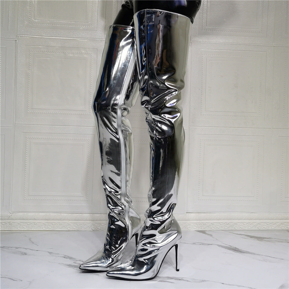 Fashion Silver Patent Leather Knee High Boots