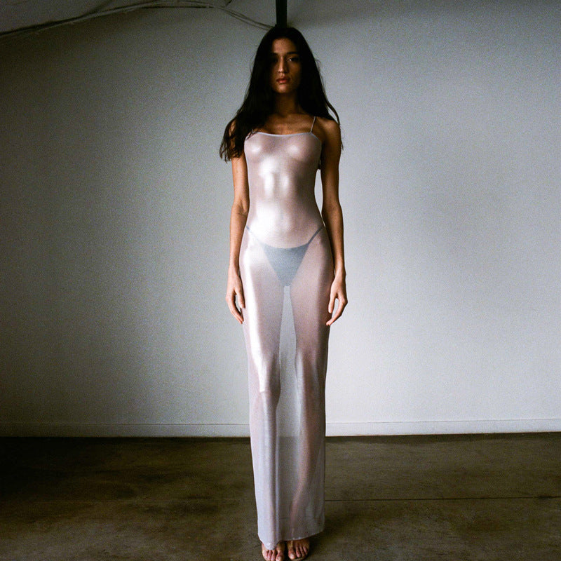 Spaghetti Straps Sleeveless See-through Long High Waist Dress