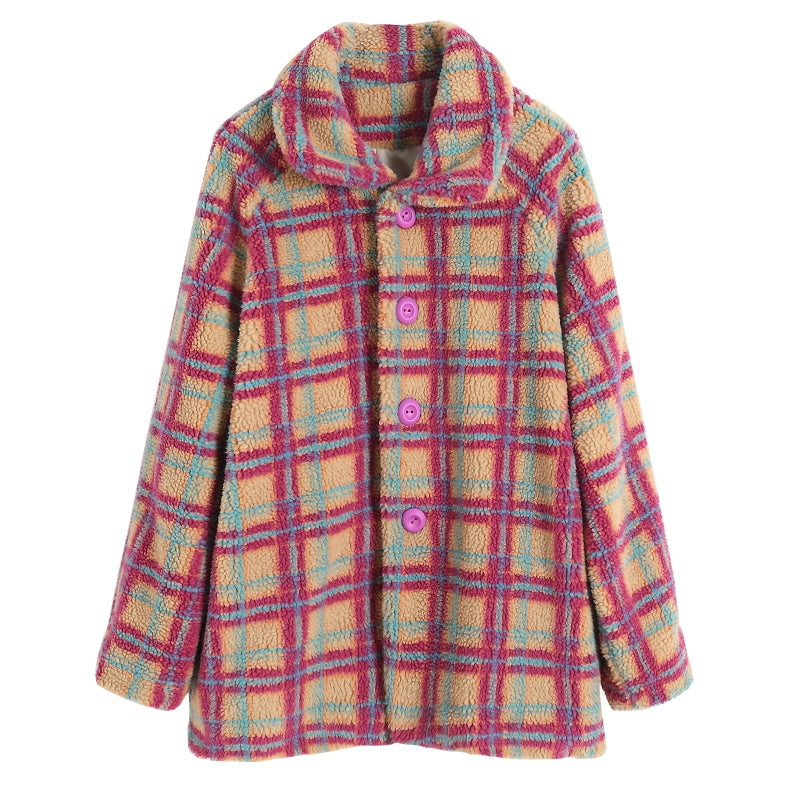 Manteau silhouette à manches longues et revers en cuir d'agneau à carreaux