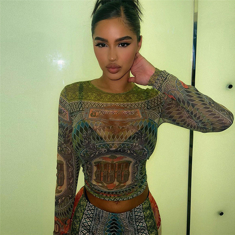 Haut imprimé à manches longues, taille haute et coupe slim pour femme