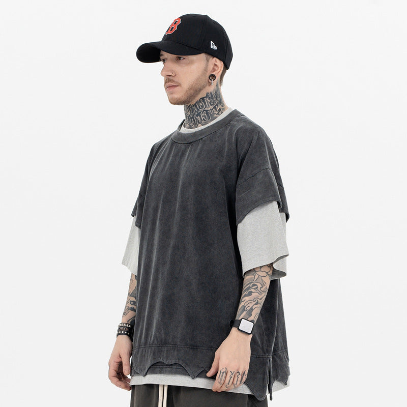 T-shirt rétro double couche en patchwork lourd vieilli, couleur assortie