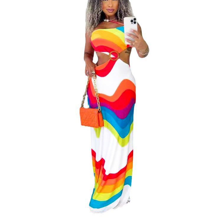 Robe longue dos nu à imprimé et coutures ajourées et élastiques