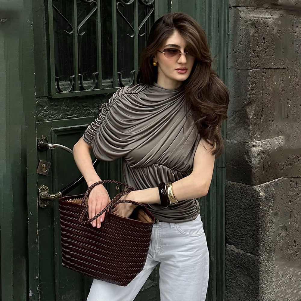 Style Round Neck Top Sexy Waist Trimming Irregular