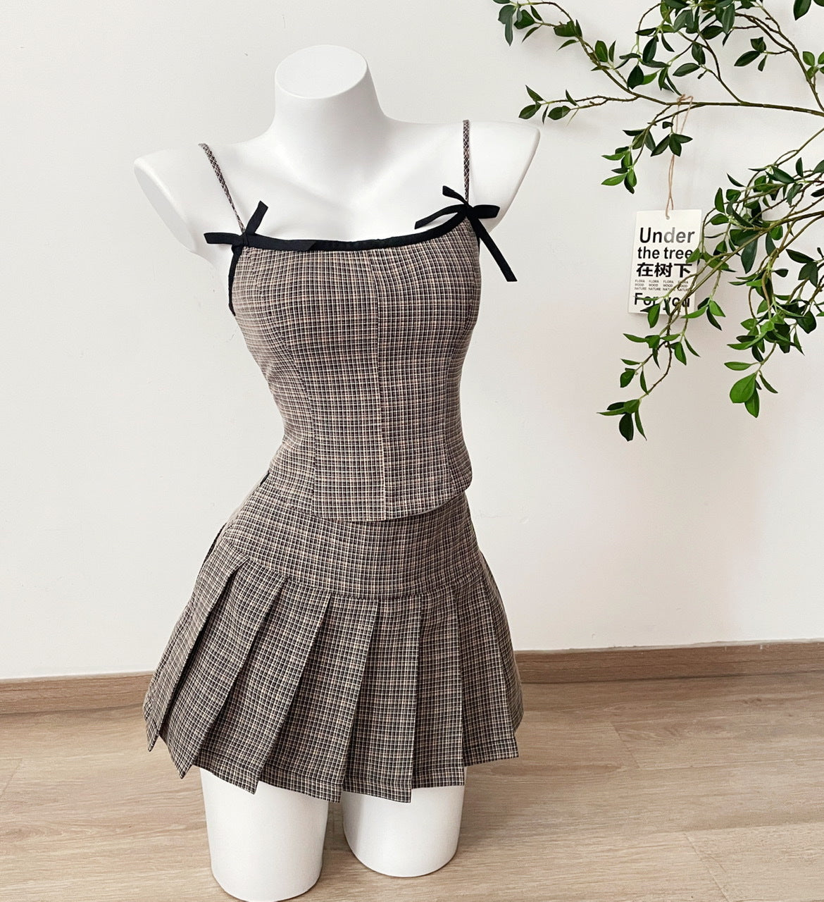 Bow Plaid Contrast Color Slim Fit Slip Dress Suit