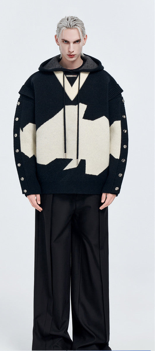 Veste à capuche en tricot brodée en deux parties, noire et blanche