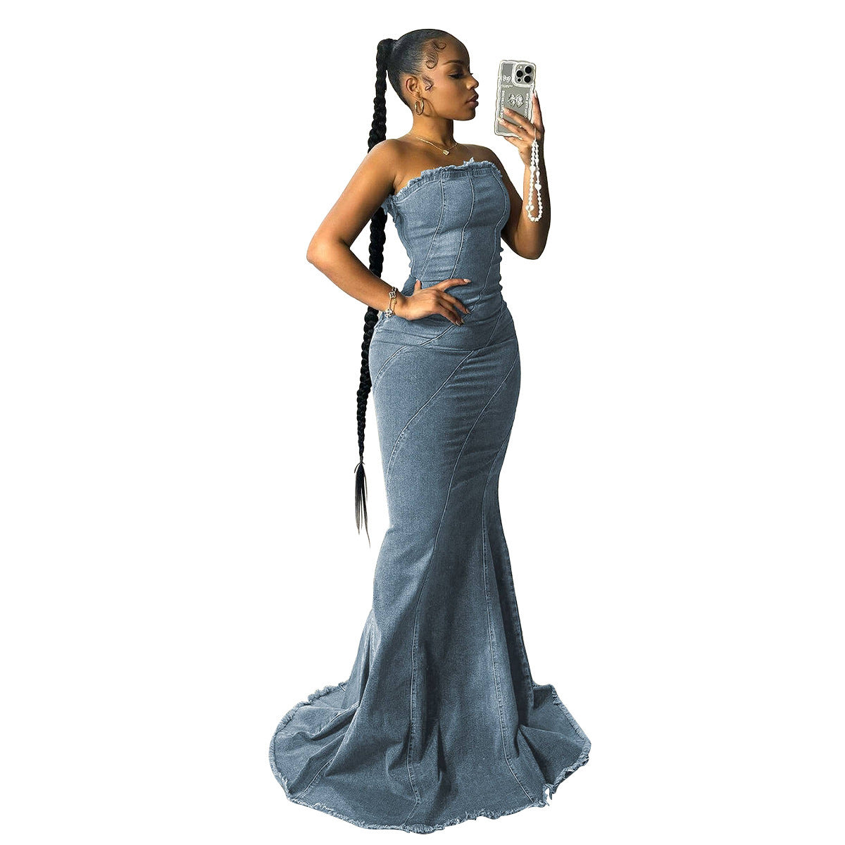 Fashion Slim-fit Chest Wrap Dress Fishtail Hip Wrap Denim Dress