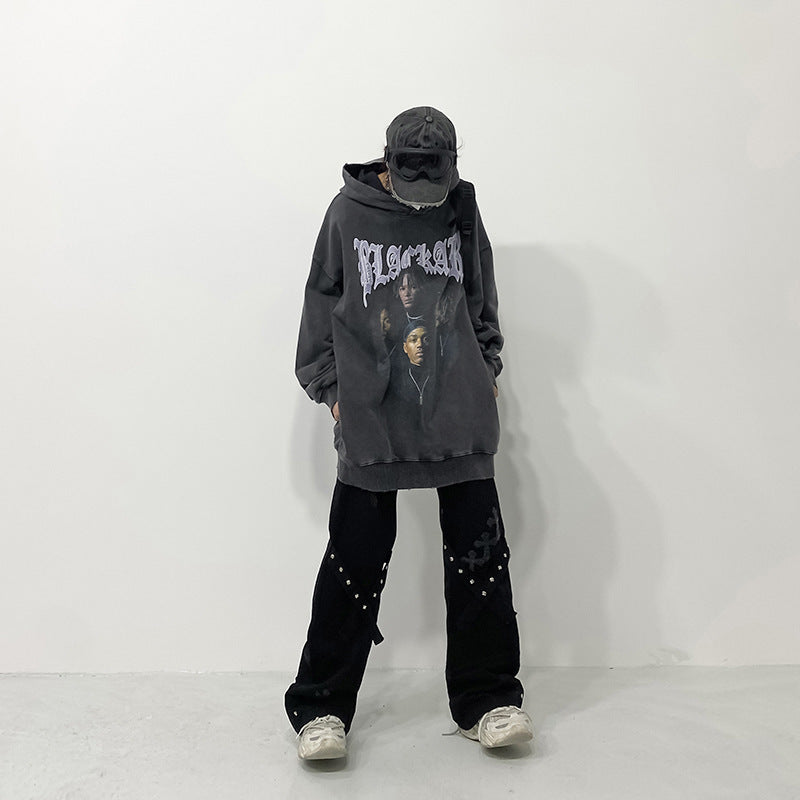 Rap Print Washed Vintage Hoodie Autumn Winter