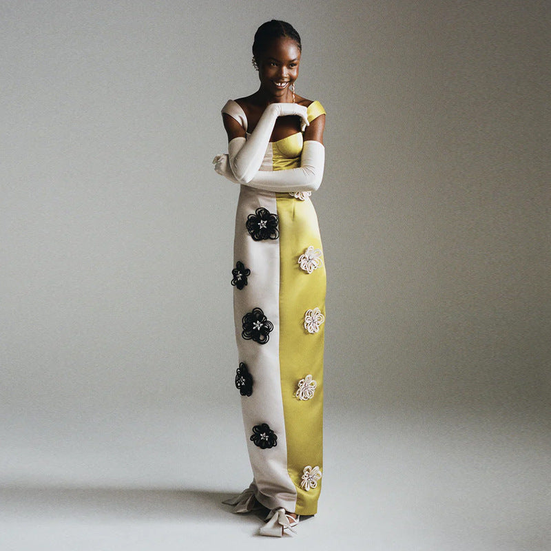 Robe une pièce bandage fleurie à blocs de couleurs, style français