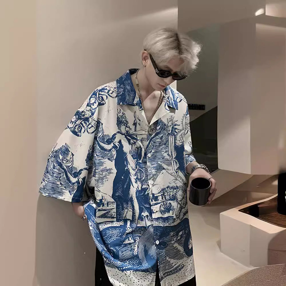 Vacation Style Cuba Bow Tie American Embossed Printed Ice Silk Shirt