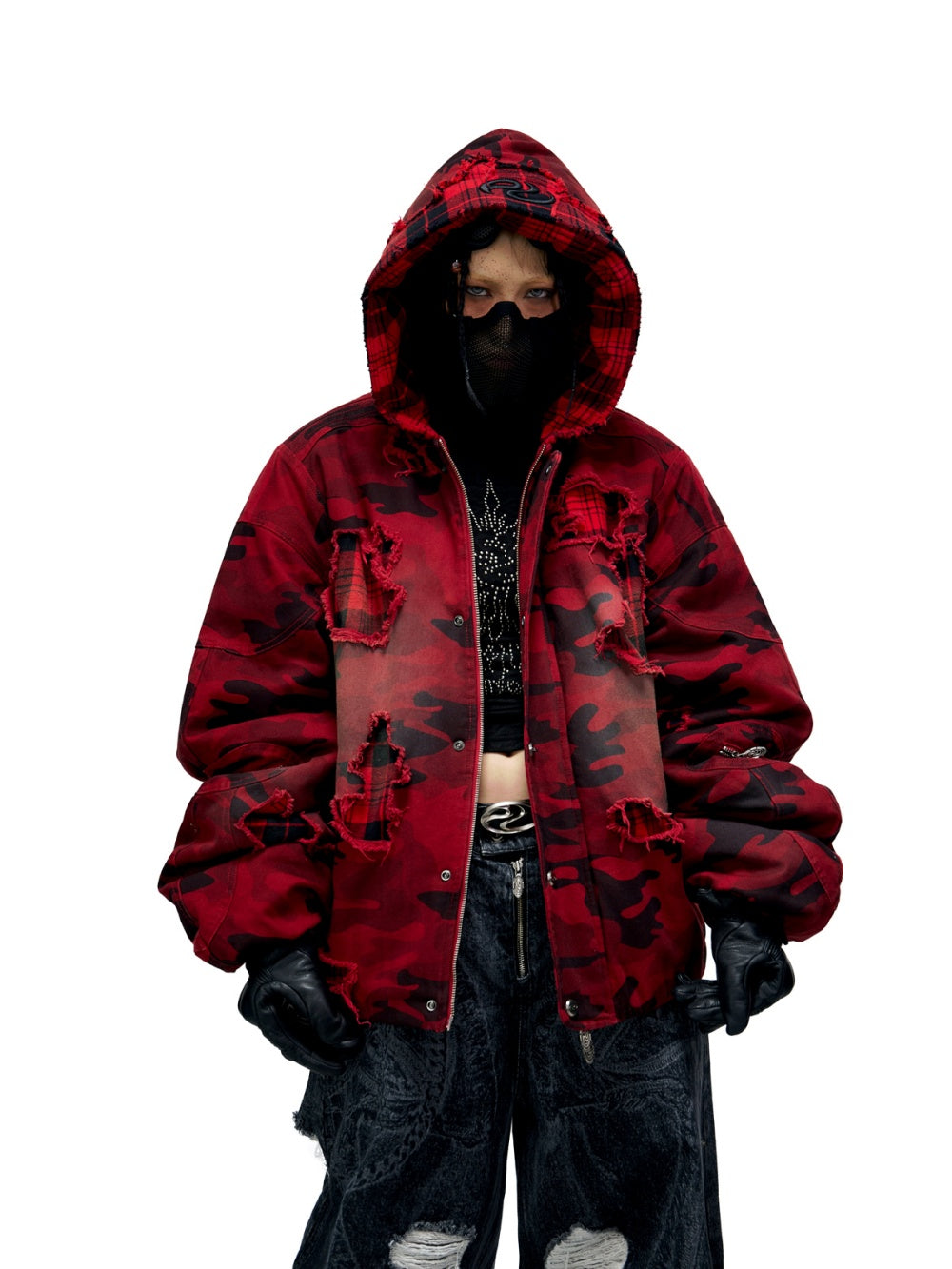 Veste rouge en coton vieilli à capuche perforée à carreaux camouflage