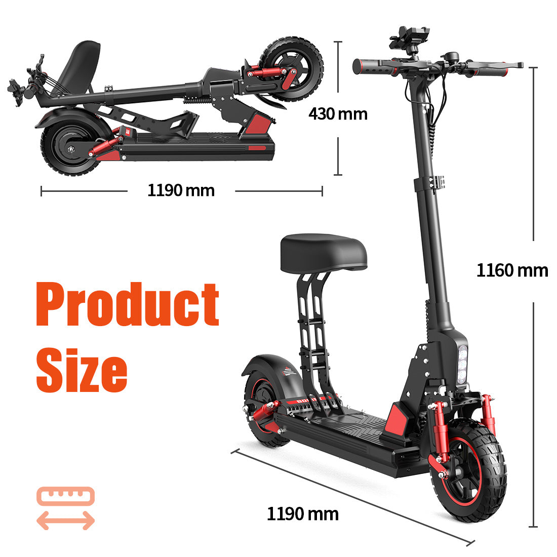 Trottinette électrique - Puissance du moteur : 500 W, Capacité de la batterie : 48 V, 15 Ah, Taille des pneus : 10 pouces, Vitesse maximale : 25 à 45 km, Endurance : 35 à 45 km
