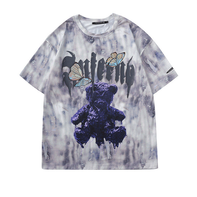Tie dyed bear print short sleeve T-shirt
