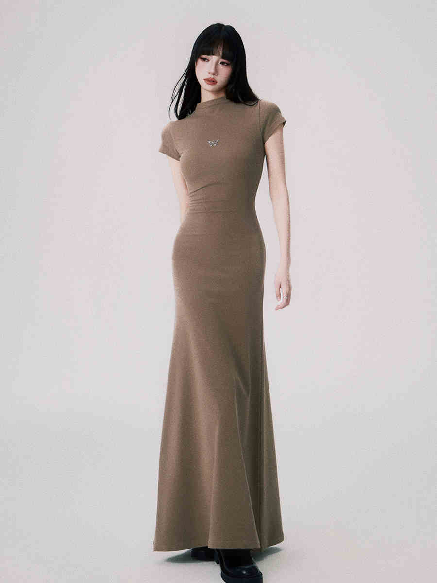 Mid-collar Short Sleeve Dress Women's Slim Knit Dress