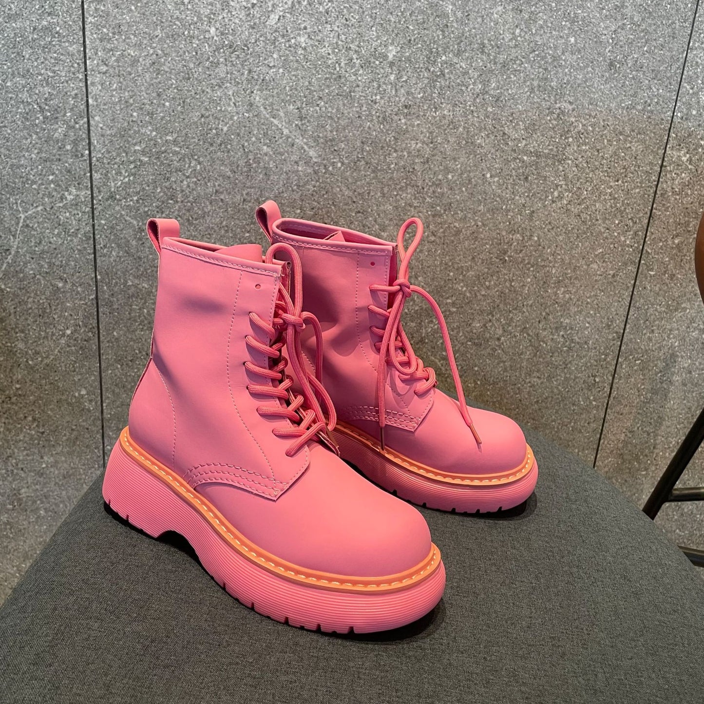 Thick-soled Heightened All-match Cowhide Rose Red Ankle Boots